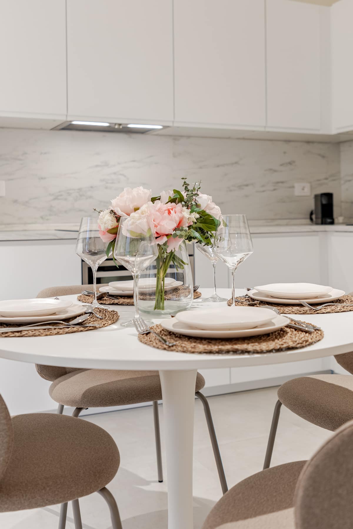 Kitchen table set with peonies